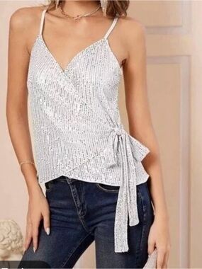 Grace Karin Silver Sequin Wrap Camisole